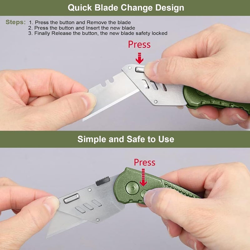 Vickay Folding Utility Knife, Box Cutter with 5 SK5 Quick Change Blades, Safety Axis Lock Design Razor Knife, Lightweight Aluminum Handle Belt Clip for Office Home Artcraft (Olive Green) - Image 4